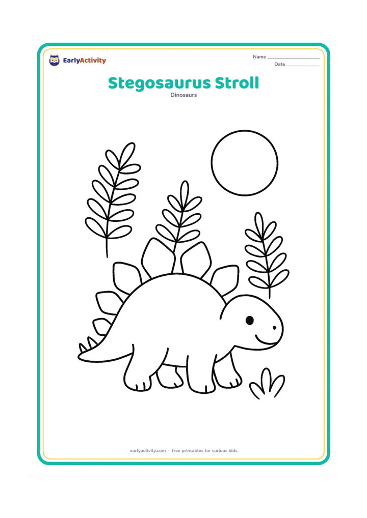 Colouring page: A smiling Stegosaurus walks from left to right, showing its large back plates and four tail spikes. Add three large ferns and a round sun.