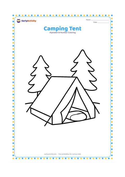 Colouring page: Draw a child-friendly camping tent with an open flap, a small sleeping bag inside, and two trees behind it. Place the tent on a simple grassy ground line.