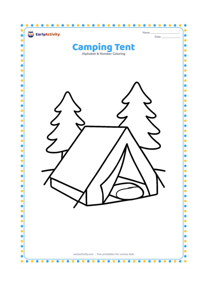 Colouring page: Draw a child-friendly camping tent with an open flap, a small sleeping bag inside, and two trees behind it. Place the tent on a simple grassy ground line.