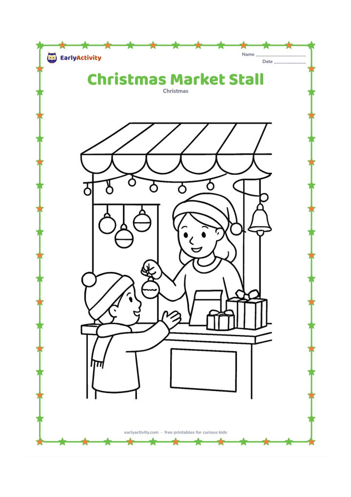 Colouring page: Draw a festive outdoor market stall with ornaments, bells, wrapped gifts and a smiling vendor offering a bauble to a child, with lights overhead.