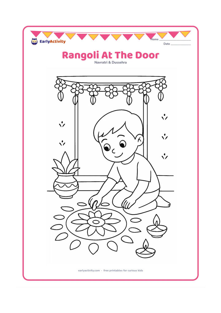 Colouring page: Draw a child kneeling at a house entrance and adding petals to a large rangoli, with a kalash, flower toran, and two diyas nearby. Include a visible doorstep and simple wall patterns.