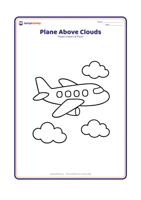 Colouring page: A large passenger aeroplane flies above three soft clouds. Place the plane in the centre with broad wings, a tail and a few large windows.