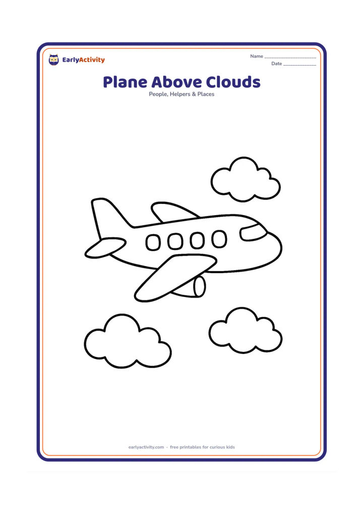 Colouring page: A large passenger aeroplane flies above three soft clouds. Place the plane in the centre with broad wings, a tail and a few large windows.