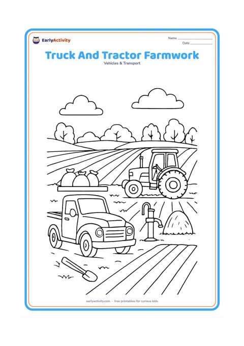 Colouring page: A farm truck carries sacks beside a tractor working in a field, with rows of crops, a water pump, a haystack and distant trees. Show both vehicles in different directions so their shapes…