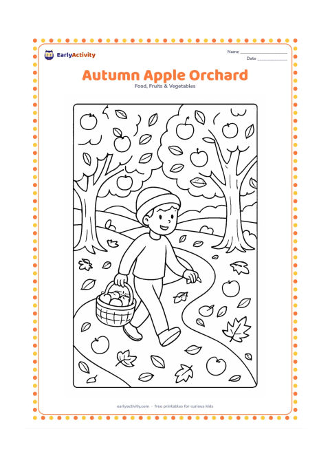 Colouring page: A winding path through an apple orchard in autumn, with a child collecting apples into a basket, fallen leaves, tree trunks, and distant hills.