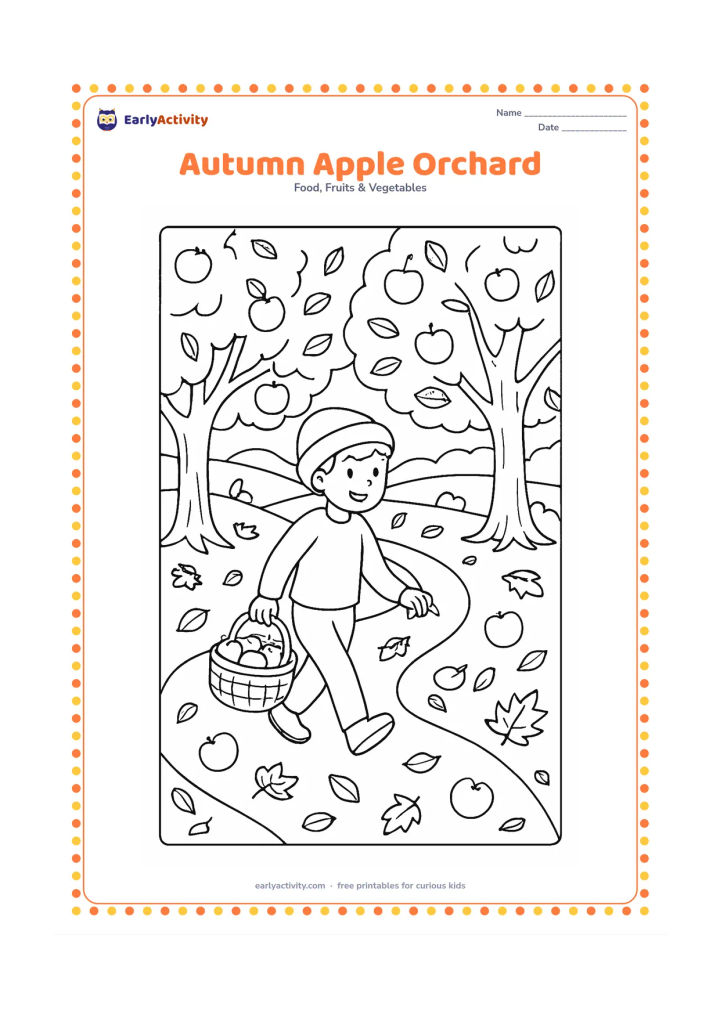 Colouring page: A winding path through an apple orchard in autumn, with a child collecting apples into a basket, fallen leaves, tree trunks, and distant hills.