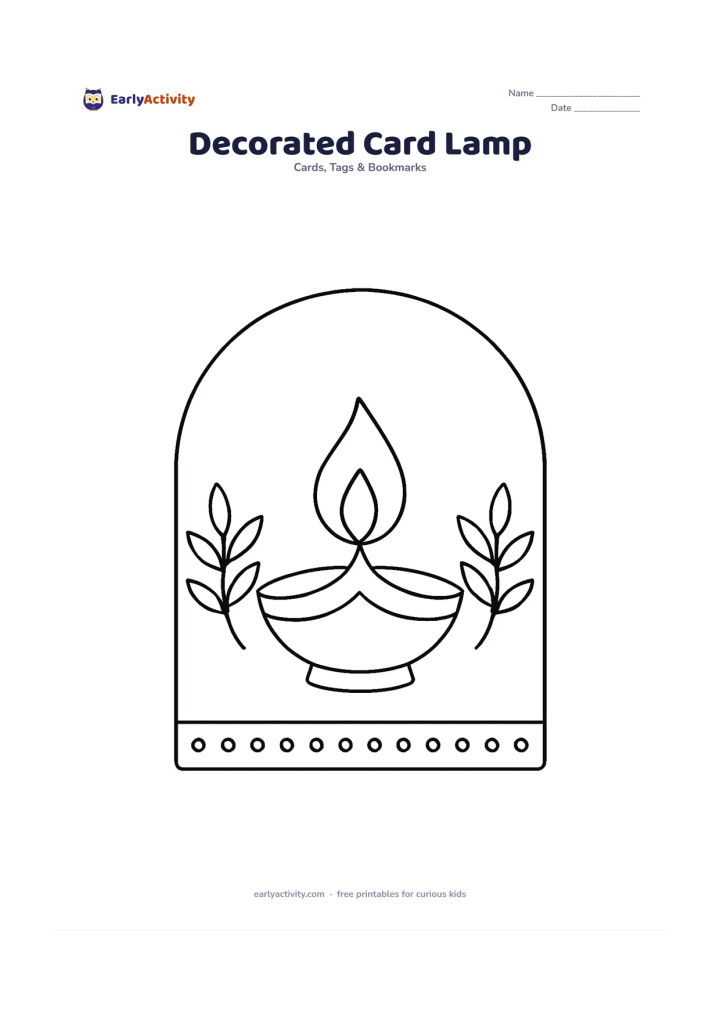 Worksheet: Draw a central diya inside a large rounded frame, with two simple leaf branches on either side and a row of dots along the bottom. Keep a broad blank panel above the frame for a child to…
