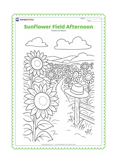 Colouring page: Draw a broad sunflower field viewed from a low path, with tall sunflowers in the foreground, smaller rows fading into the distance, a farmer's hat on a fence post and distant hills under…