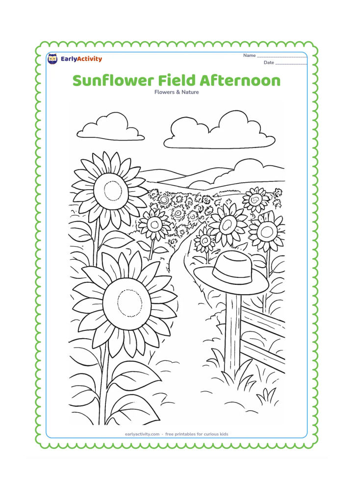 Colouring page: Draw a broad sunflower field viewed from a low path, with tall sunflowers in the foreground, smaller rows fading into the distance, a farmer's hat on a fence post and distant hills under…