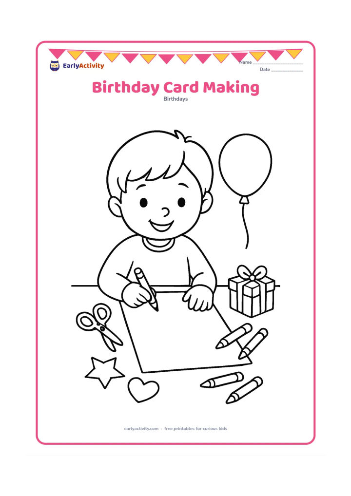Colouring page: A child at a desk decorates a large blank birthday card with crayons, scissors and paper shapes, while a small gift and balloon sit beside the desk. Keep the card front entirely blank.