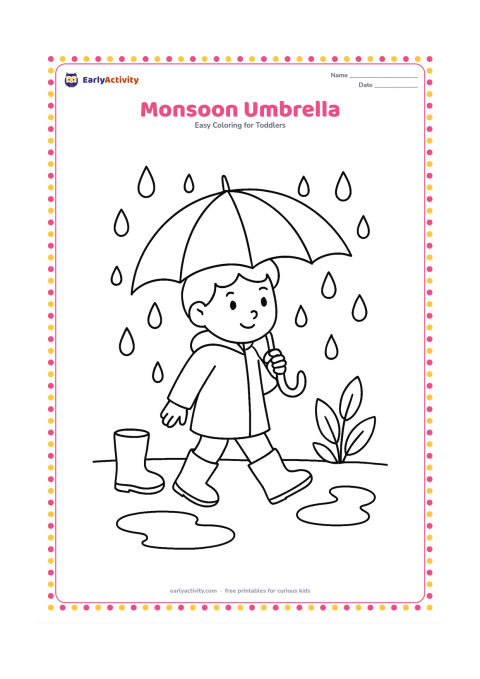 Colouring page: A child walks under a large open umbrella while several rounded raindrops fall around them. Add two puddles, a small rain boot and a leafy plant beside the path.