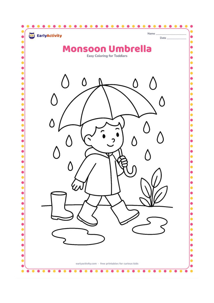 Colouring page: A child walks under a large open umbrella while several rounded raindrops fall around them. Add two puddles, a small rain boot and a leafy plant beside the path.