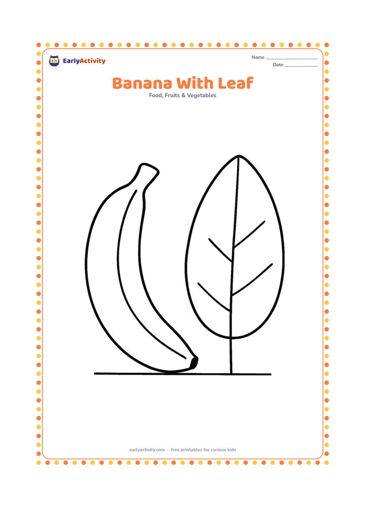 Colouring page: Draw one large banana beside one oversized banana leaf with a simple central vein. Arrange both objects separately on a blank ground line.