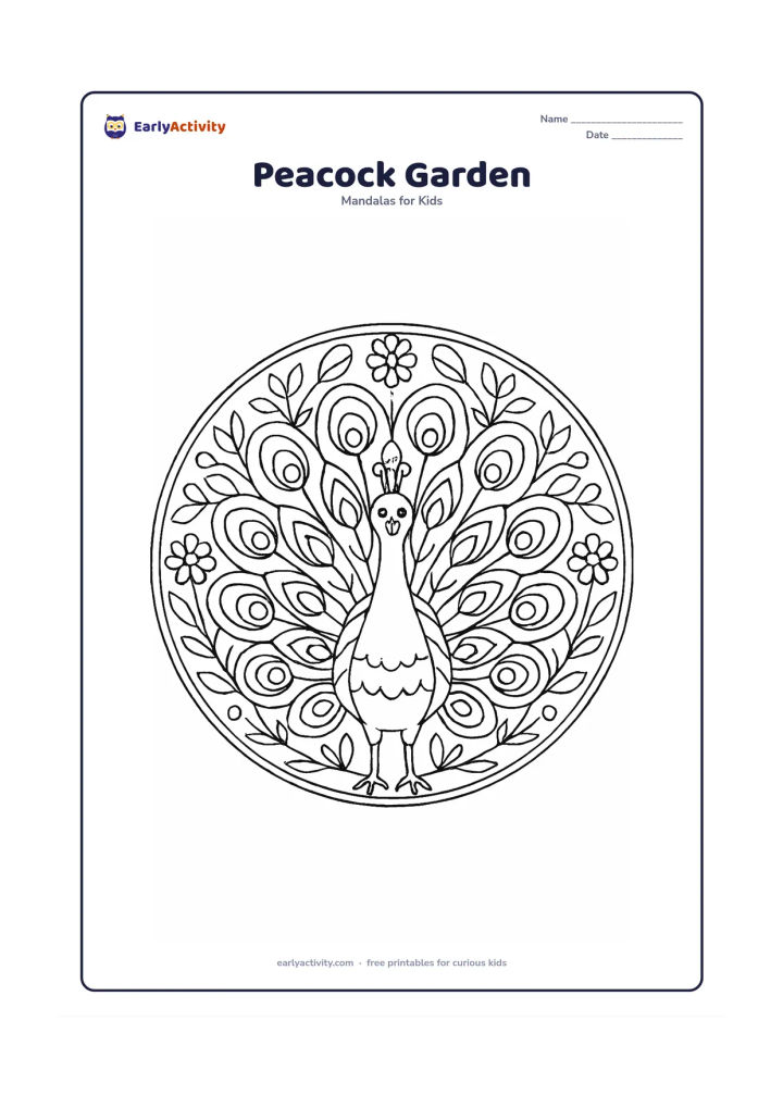 Colouring page: A detailed circular mandala with a proud peacock at the centre and its tail fanned into repeated feather eyes, leaves, flowers and curved bands. Place the bird facing forward and make…