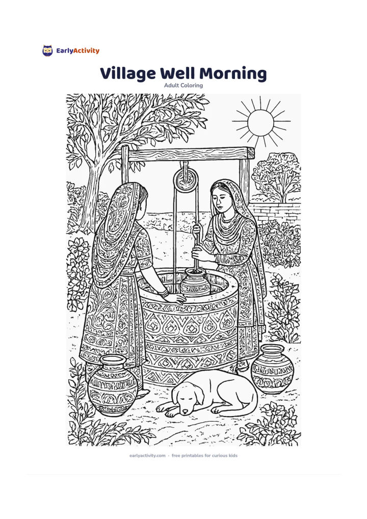 Colouring page: Draw two neighbours drawing water from a decorated village well in the morning, with a pulley, clay pots, a resting dog, flowering bushes, a neem tree, and a sunlit path. Include…