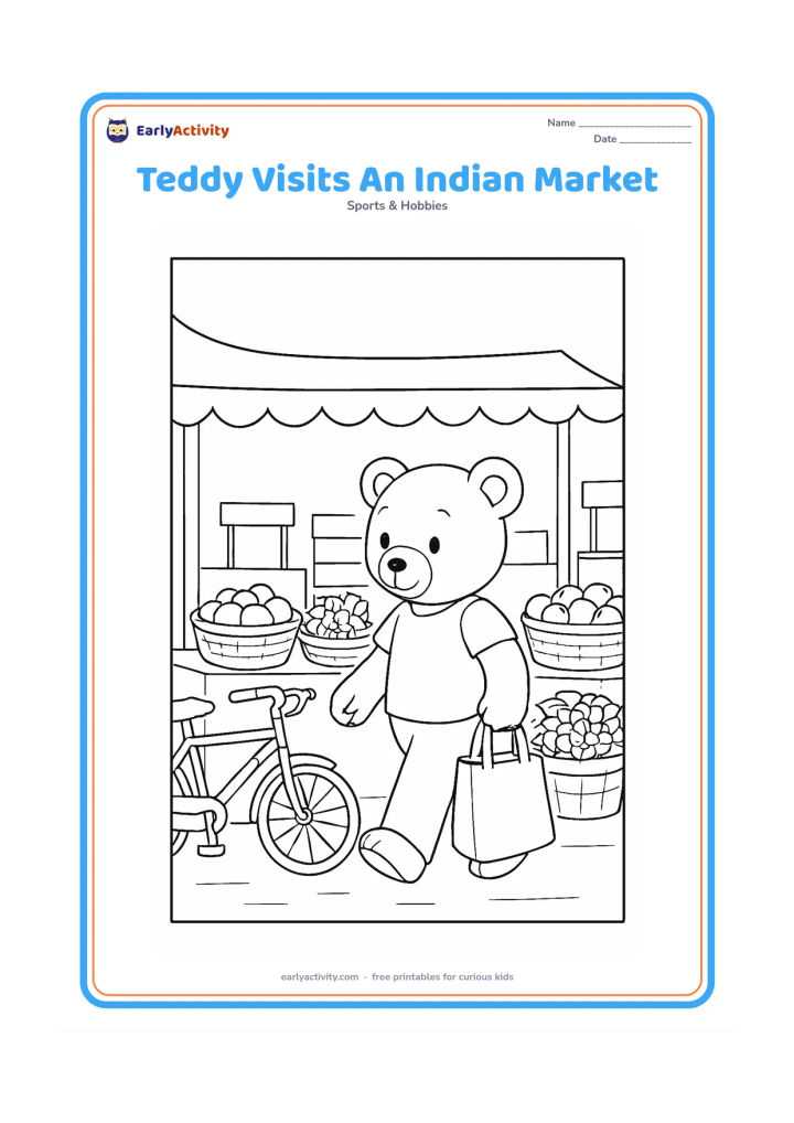 Colouring page: A teddy bear walks through a friendly market carrying a cloth shopping bag, passing baskets of fruit, vegetables and flowers beneath a fabric canopy. Include a bicycle and a few plain…