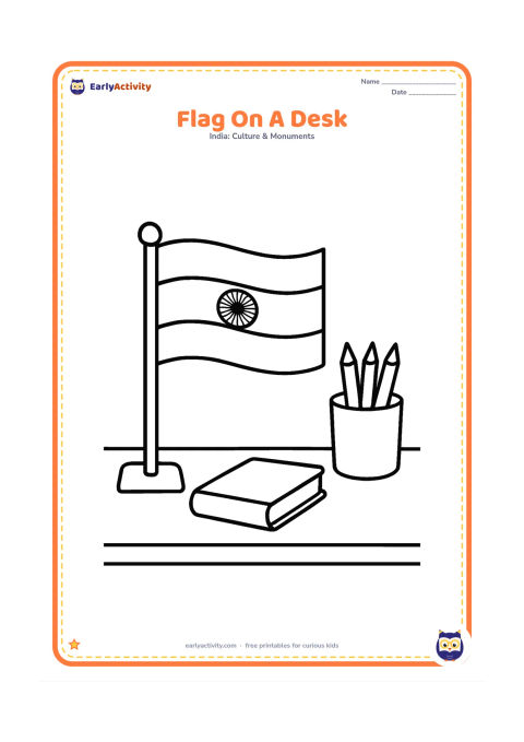 Colouring page: Draw a small Indian flag in a simple stand on a child's study table, beside one plain book and a round pencil cup. Keep the flag as the main subject.