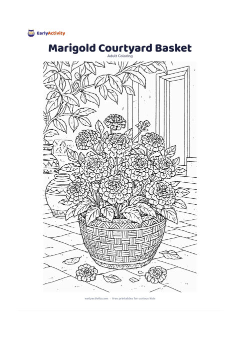 Colouring page: Show a woven basket overflowing with marigold flowers and leafy stems in an Indian courtyard. Add terracotta pots, a simple doorway edge, and a few petals scattered on the ground.