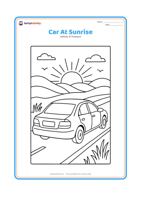 Colouring page: Draw a car driving along a road at sunrise, viewed from the rear three-quarter angle. Add layered hills, a rising sun, roadside grasses and a few birds shown as simple silhouettes.