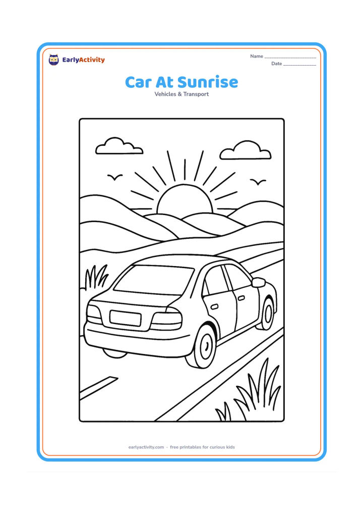 Colouring page: Draw a car driving along a road at sunrise, viewed from the rear three-quarter angle. Add layered hills, a rising sun, roadside grasses and a few birds shown as simple silhouettes.