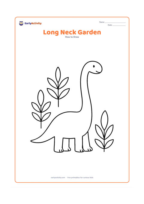 Worksheet: Show a long-necked dinosaur beside tall leafy plants, progressing from a body oval and long curved neck to a complete standing dinosaur. Arrange the plant shapes and dinosaur in broad,…