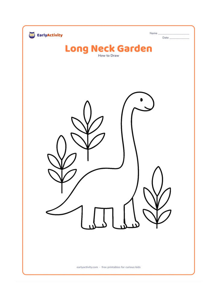 Worksheet: Show a long-necked dinosaur beside tall leafy plants, progressing from a body oval and long curved neck to a complete standing dinosaur. Arrange the plant shapes and dinosaur in broad,…