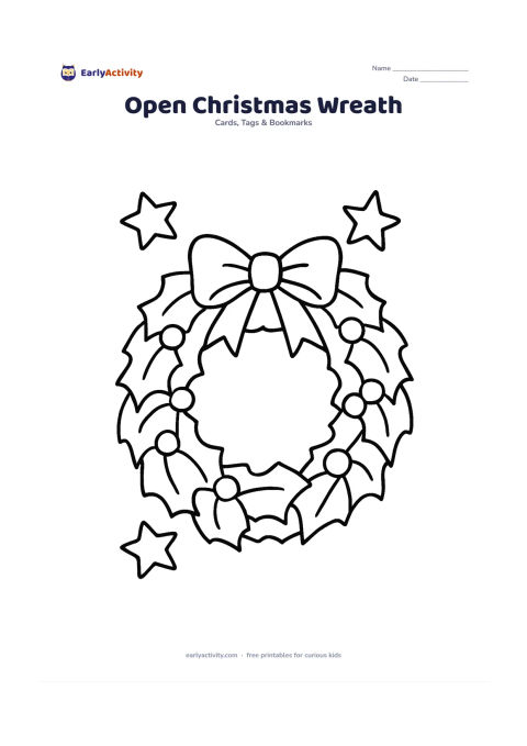Worksheet: Draw a large round Christmas wreath made from broad leaves, simple berries and a big bow, with a wide open centre. Add a few large stars around the wreath without filling the centre.
