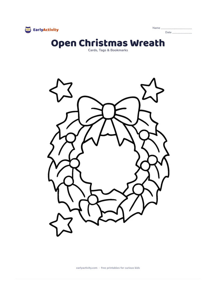 Worksheet: Draw a large round Christmas wreath made from broad leaves, simple berries and a big bow, with a wide open centre. Add a few large stars around the wreath without filling the centre.