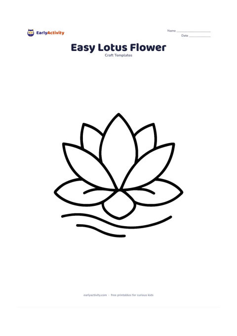Worksheet: A simple lotus floating on a small pond, made from five large overlapping petals above two broad water leaves. Add two gentle curved water lines beneath it.