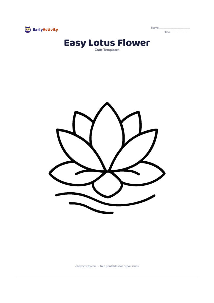 Worksheet: A simple lotus floating on a small pond, made from five large overlapping petals above two broad water leaves. Add two gentle curved water lines beneath it.