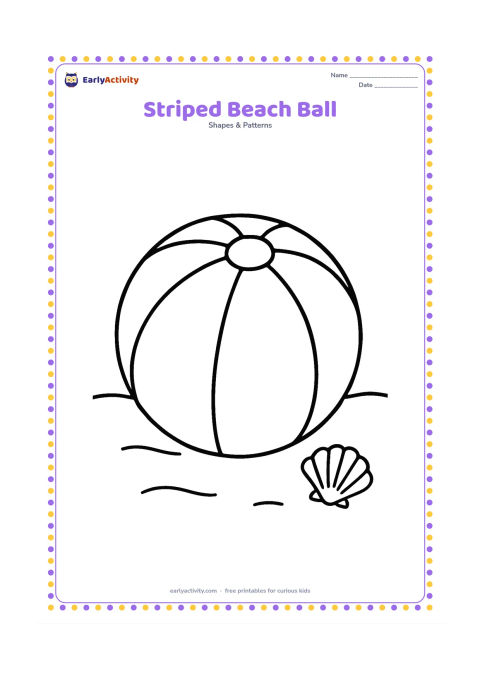 Colouring page: Draw one oversized beach ball divided into wide repeating curved sections, resting on simple sand with a small shell nearby. Keep the background nearly empty.