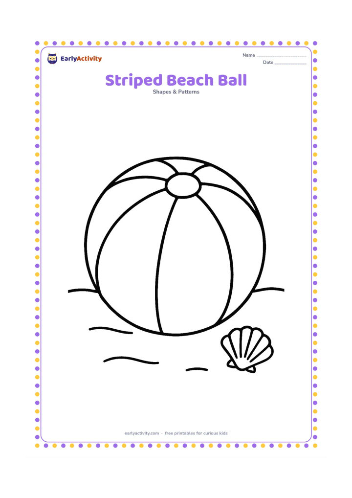 Colouring page: Draw one oversized beach ball divided into wide repeating curved sections, resting on simple sand with a small shell nearby. Keep the background nearly empty.
