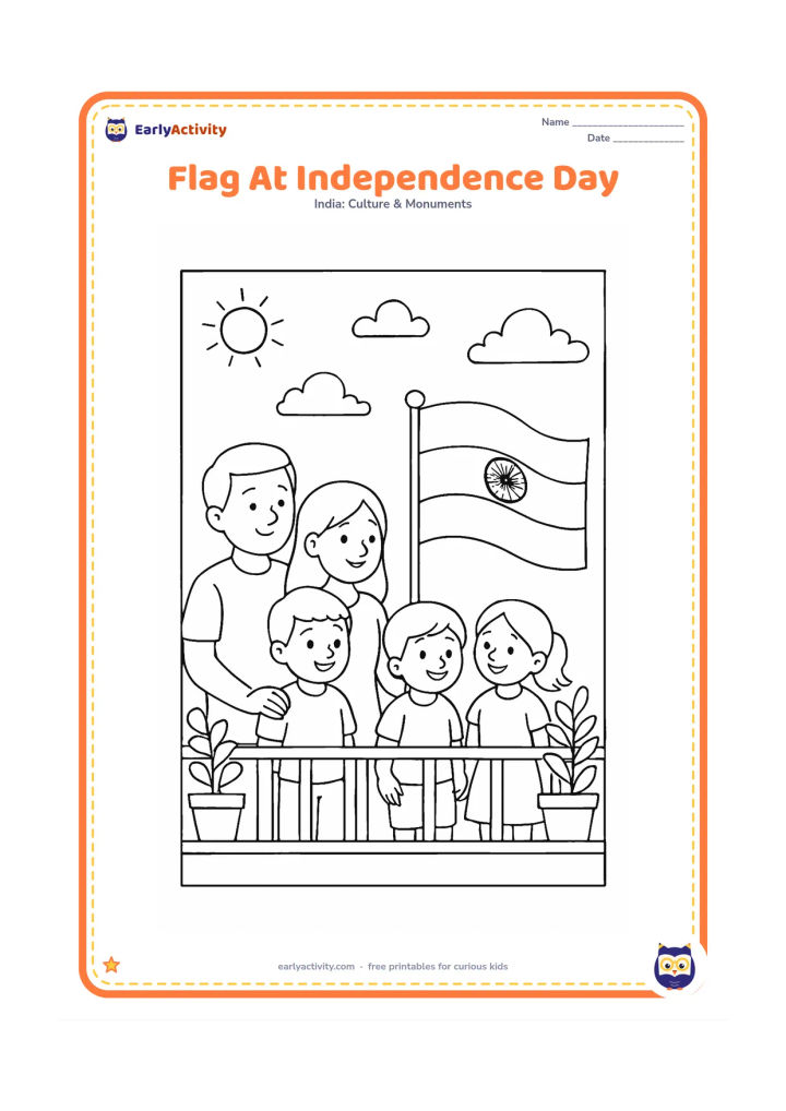 Colouring page: Draw a family on a balcony watching an Indian flag flying from a short pole, with potted plants and a simple apartment railing. Show morning light through a few clouds.