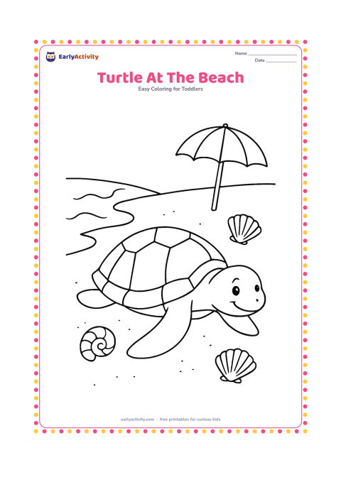 Colouring page: Draw a sea turtle crawling toward the water on a sandy beach. Include a large shell pattern, two seashells, a small wave and a beach umbrella without any markings.