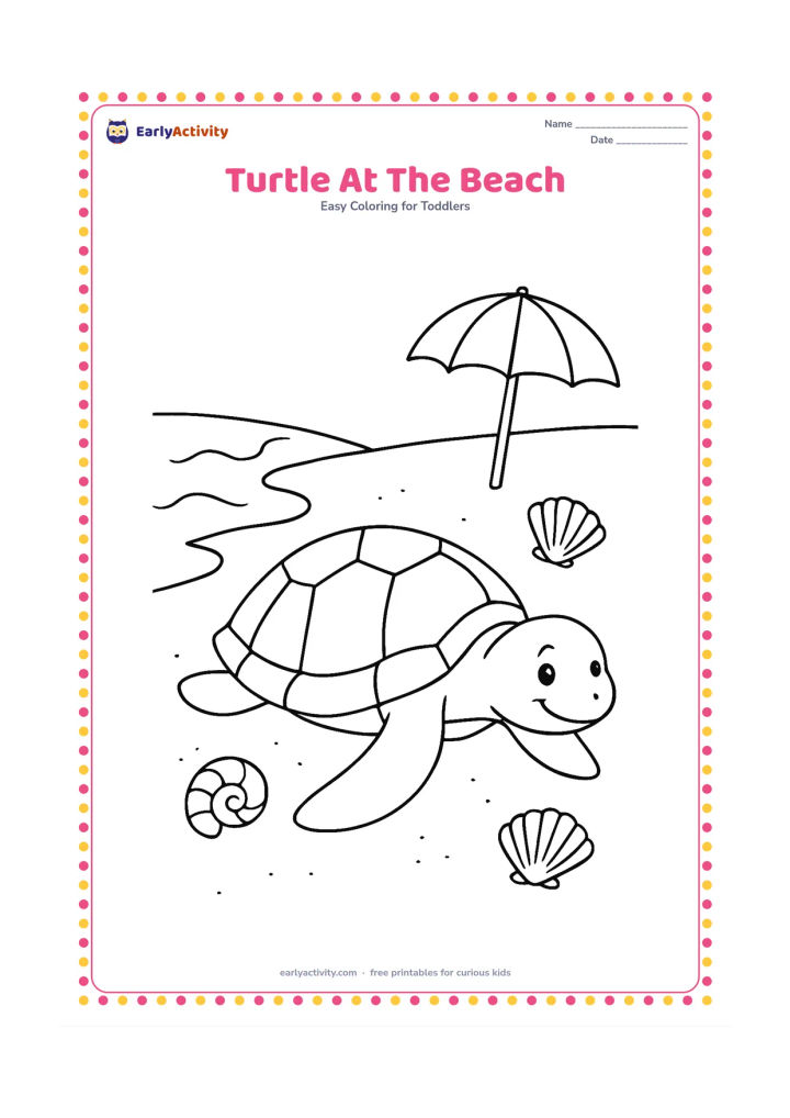 Colouring page: Draw a sea turtle crawling toward the water on a sandy beach. Include a large shell pattern, two seashells, a small wave and a beach umbrella without any markings.