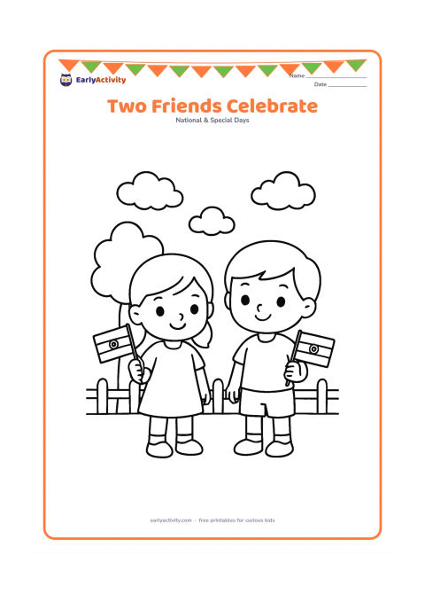 Colouring page: Draw two young children standing side by side, each holding a small Indian flag. Place them on a simple schoolyard with one tree, a few clouds and a low fence.
