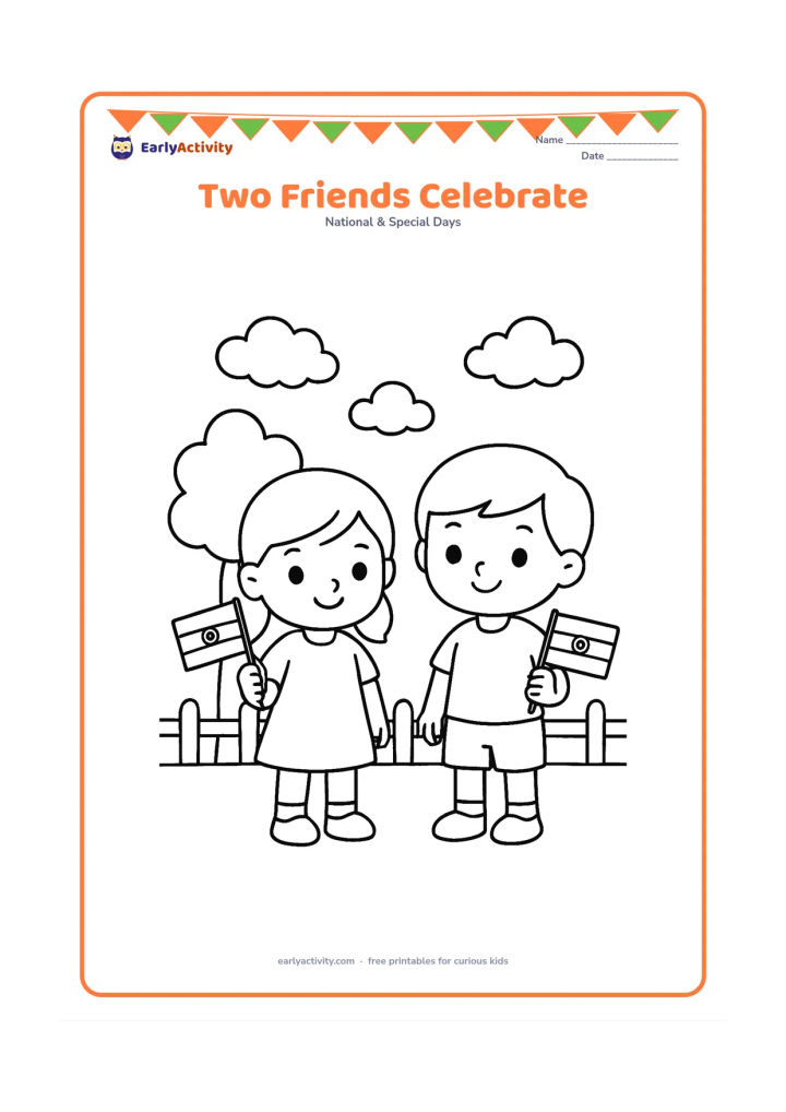 Colouring page: Draw two young children standing side by side, each holding a small Indian flag. Place them on a simple schoolyard with one tree, a few clouds and a low fence.
