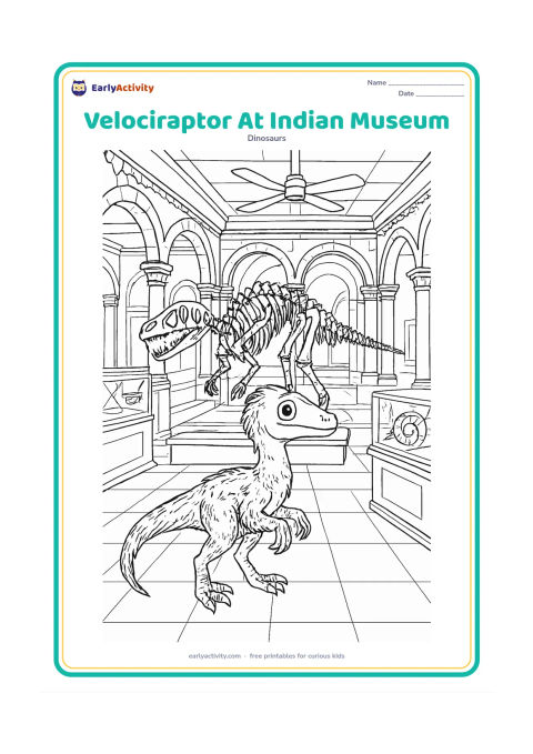 Colouring page: A small feathered velociraptor stands in an Indian natural-history museum beside a reconstructed fossil skeleton, with carved stone arches, ceiling fans, display cases, a tiled floor,…