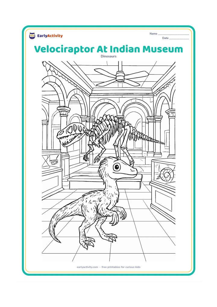 Colouring page: A small feathered velociraptor stands in an Indian natural-history museum beside a reconstructed fossil skeleton, with carved stone arches, ceiling fans, display cases, a tiled floor,…