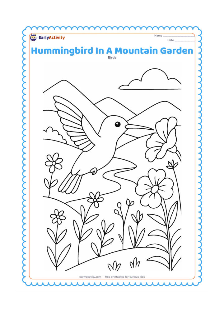 Colouring page: A hummingbird hovers near a flower in a hillside garden, with layered mountains, a winding path and several flowering plants behind it. Show the bird in three-quarter view.