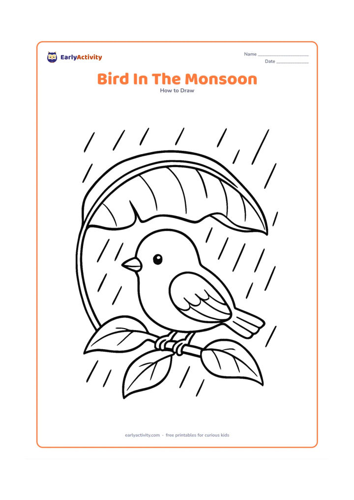 Worksheet: A bird shelters on a leafy branch beneath a broad banana leaf during a monsoon shower. Include curved rain lines, large banana leaves, a rounded body, folded wing, pointed beak and…