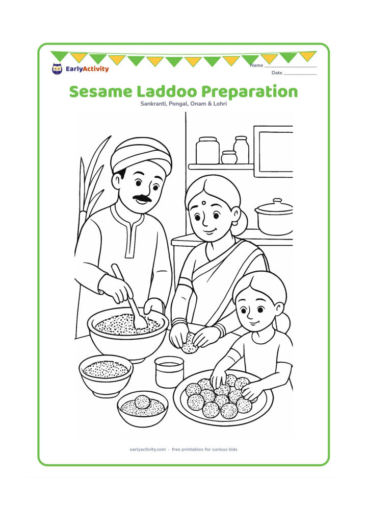 Colouring page: A family prepares sesame laddoos in an Indian kitchen, with one person mixing seeds and jaggery, another shaping sweets, and a child arranging them on a plate. Include bowls, a pot,…