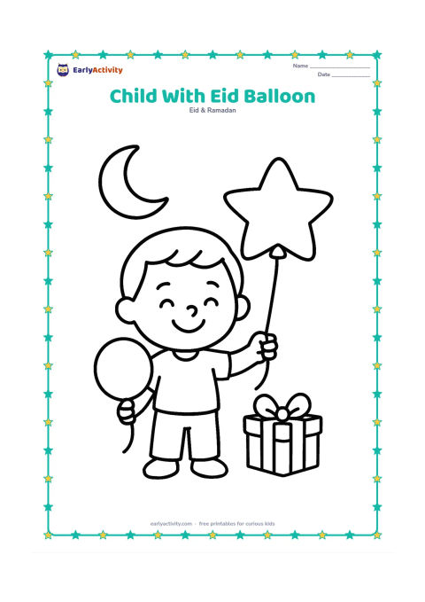 Colouring page: A smiling child holds one large star-shaped balloon and one round balloon while standing beside a small gift. Include a crescent moon overhead.