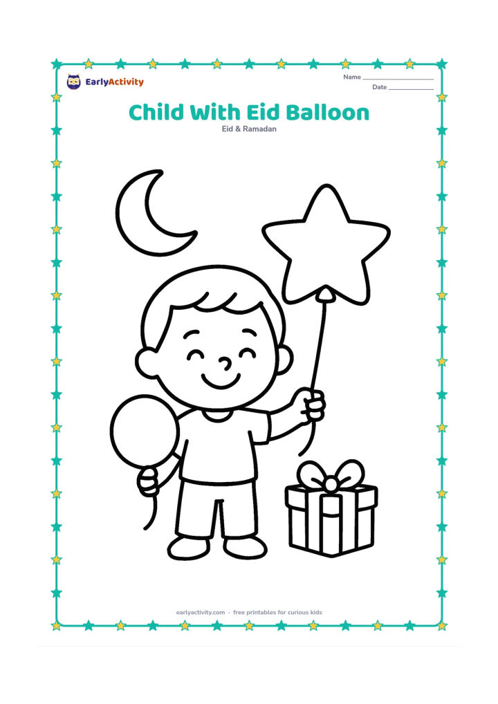 Colouring page: A smiling child holds one large star-shaped balloon and one round balloon while standing beside a small gift. Include a crescent moon overhead.