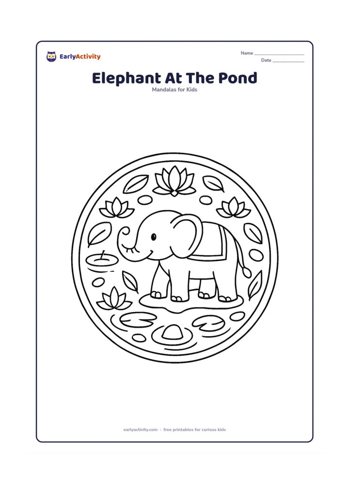 Colouring page: A circular mandala showing a friendly Indian elephant standing beside a small pond at the centre, with repeated lotus flowers, water ripples, leaves and rounded stones around the ring.…