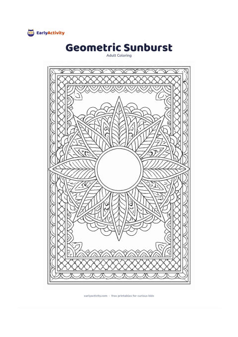 Colouring page: Draw a large symmetrical sunburst made from alternating rays, arcs, circles, diamonds, scallops and leaf-shaped sections. Surround it with two concentric decorative borders and a calm…