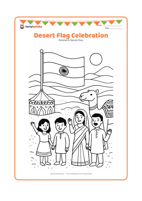 Colouring page: Children and families celebrate beside an Indian flag in a warm desert setting, with a decorated camel, a traditional patterned tent, sand dunes and a low evening sun. Keep the camel…