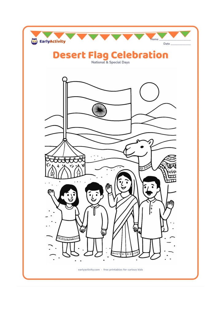 Colouring page: Children and families celebrate beside an Indian flag in a warm desert setting, with a decorated camel, a traditional patterned tent, sand dunes and a low evening sun. Keep the camel…