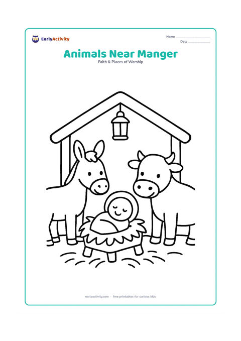 Colouring page: Show baby Jesus in the manger with a gentle donkey on one side and an ox on the other. Add a simple roof, straw on the ground and one hanging lantern.