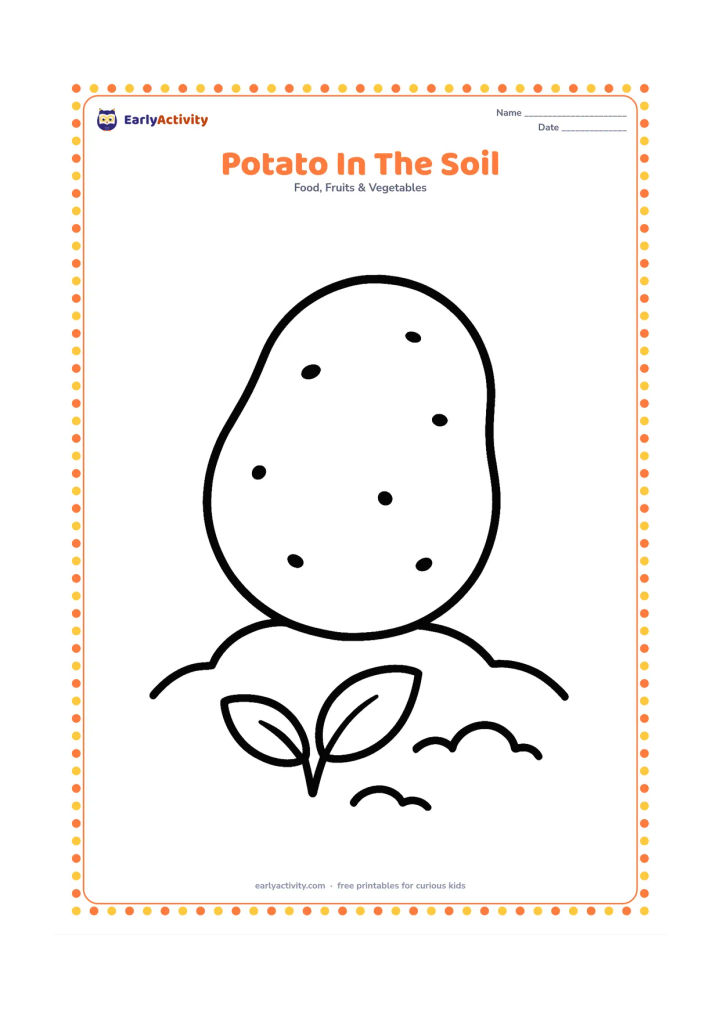 Colouring page: Show one large potato partly above a simple mound of soil, with two short leaves nearby to suggest an underground root vegetable. Use a wide, open ground area.